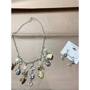 Christopher & Banks Necklace & Earring Set Yellow Cream Stone Silver Tone Dangle